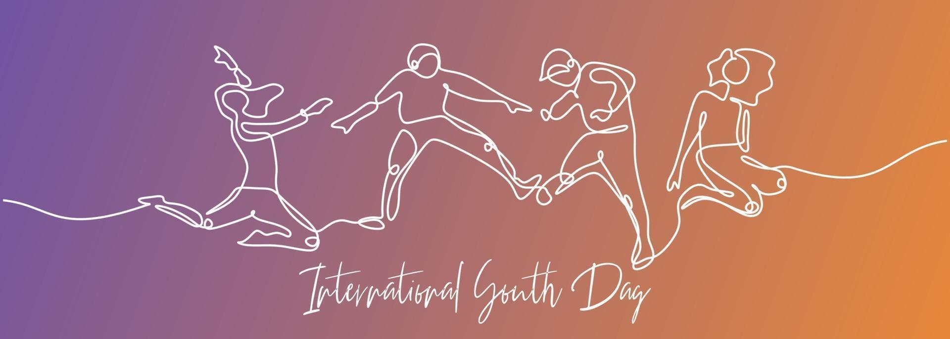 One line drawing of people jump for International youth day vector