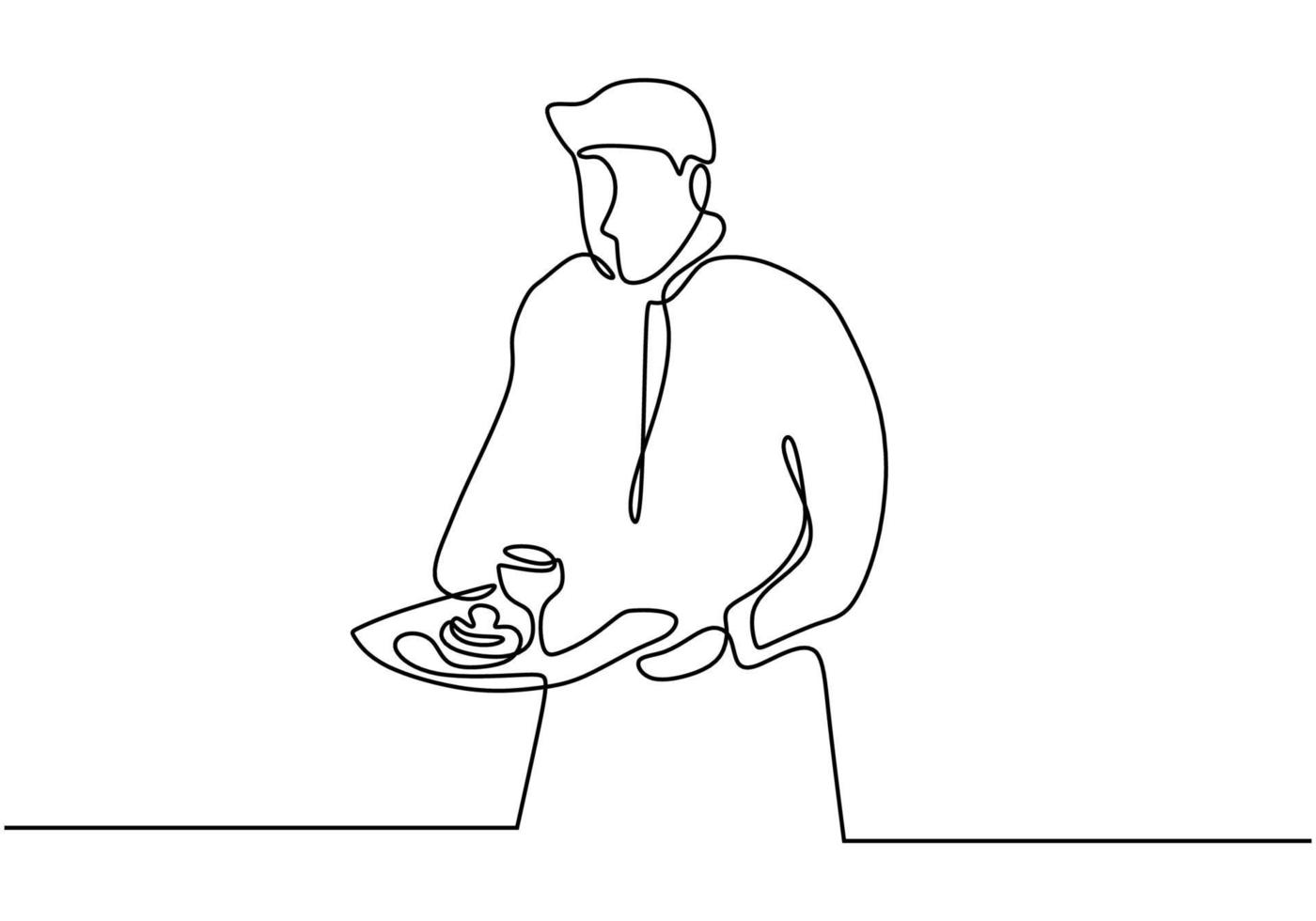 Waiter holding a serving tray continuous one line drawing. vector