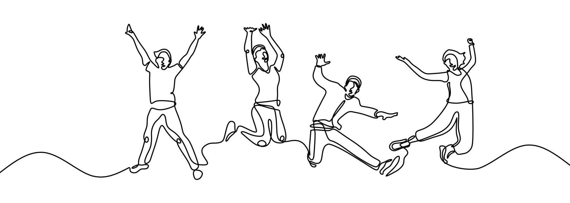 dibujo de línea continua de cuatro personas felices saltando. vector