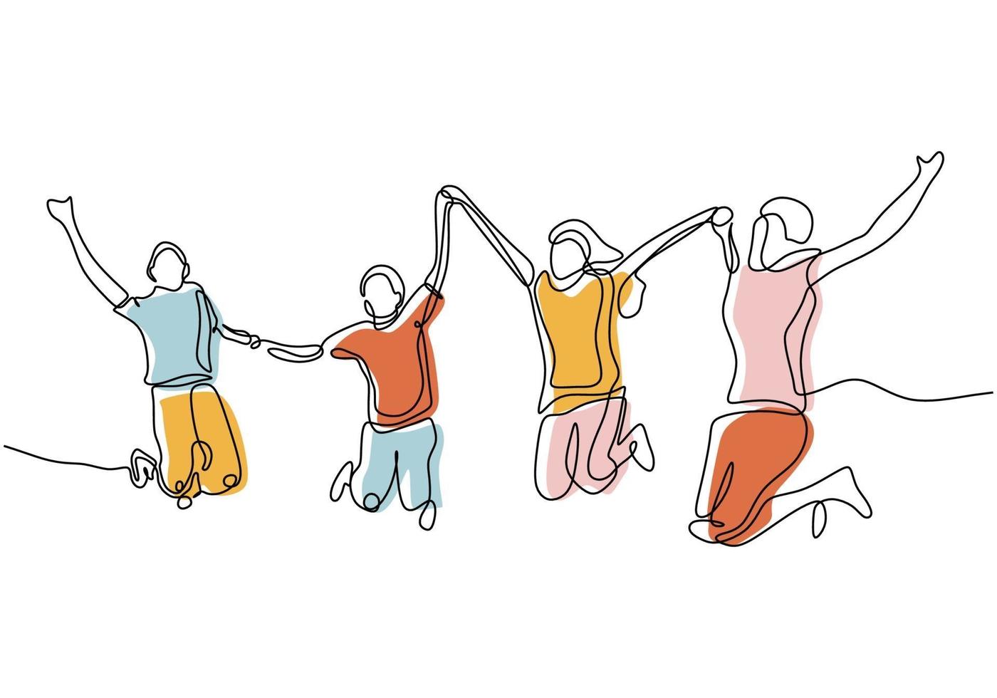 continuous line drawing of a group of friends enjoy jumping with joy vector