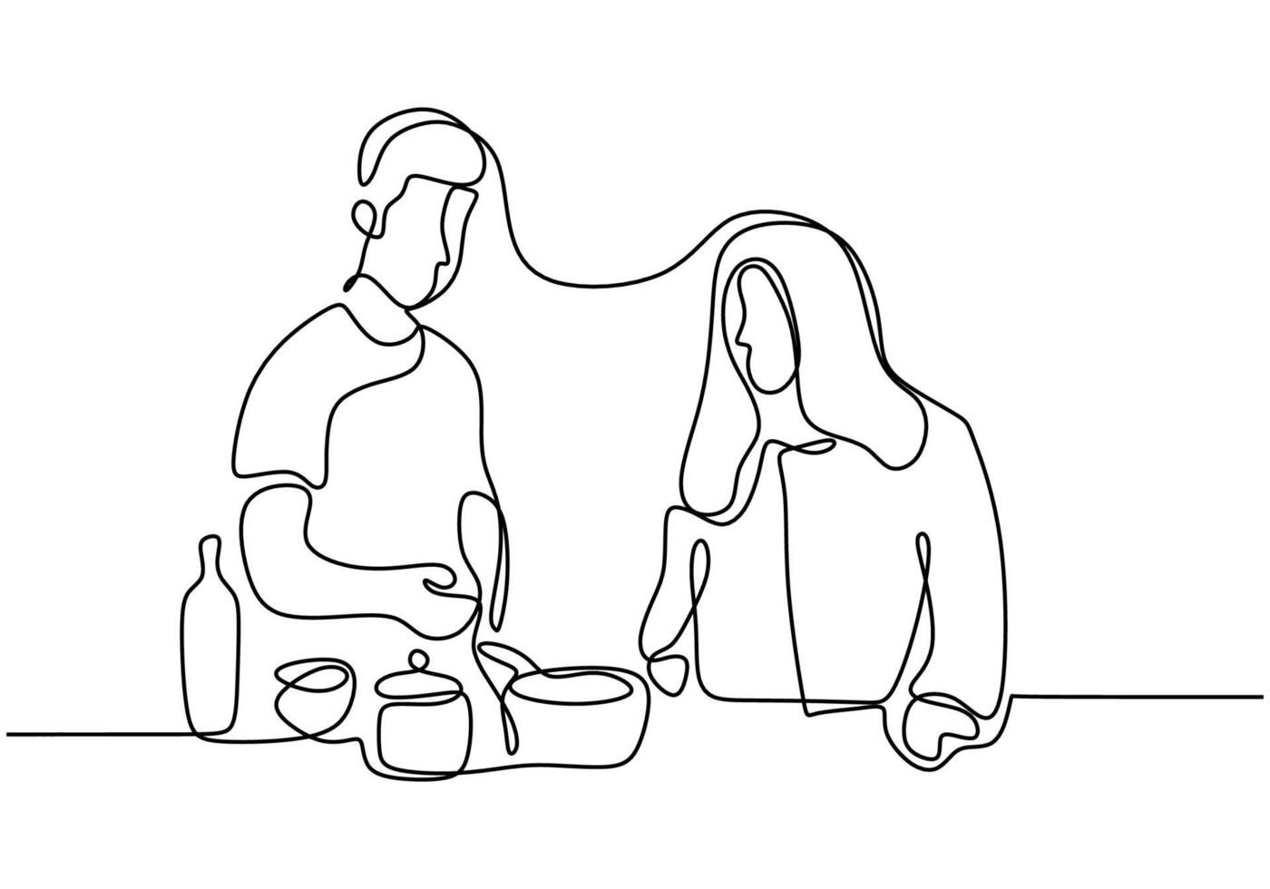 gente cocinando estilo minimalista de diseño de dibujo de una línea continua. vector