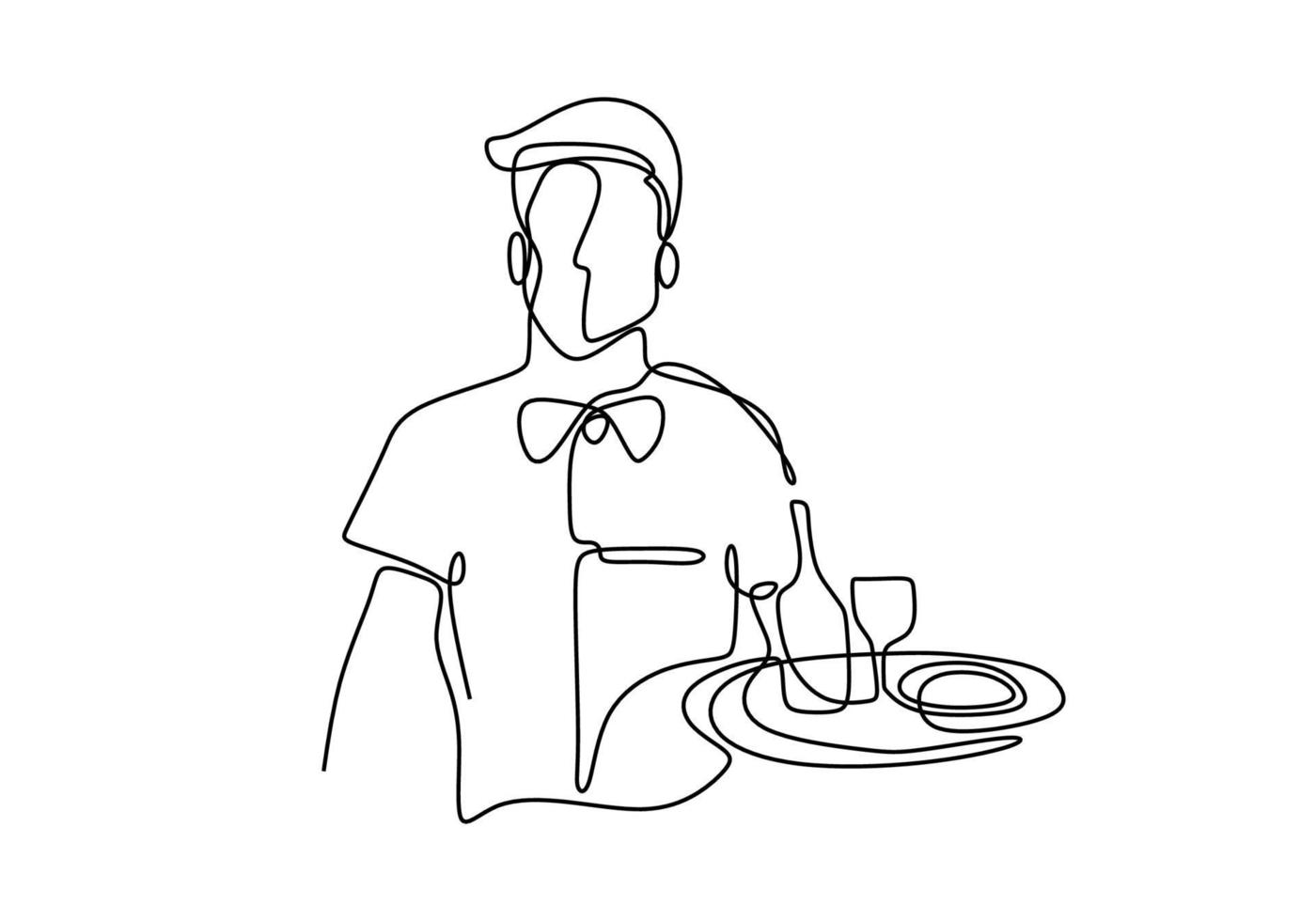 waitress holding a serving tray continuous one line drawing. vector