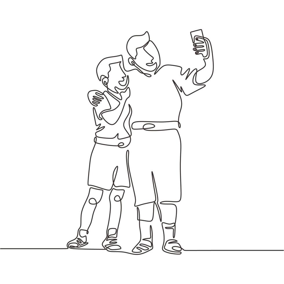 Dibujo continuo de una línea de dos varones jóvenes tomando selfie vector