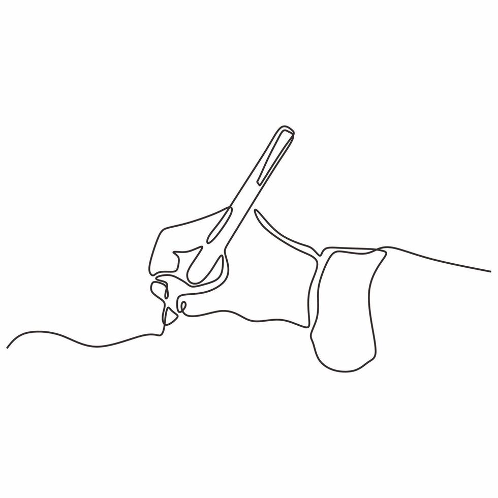 Single one line drawing of hand writing with a pen on paper vector