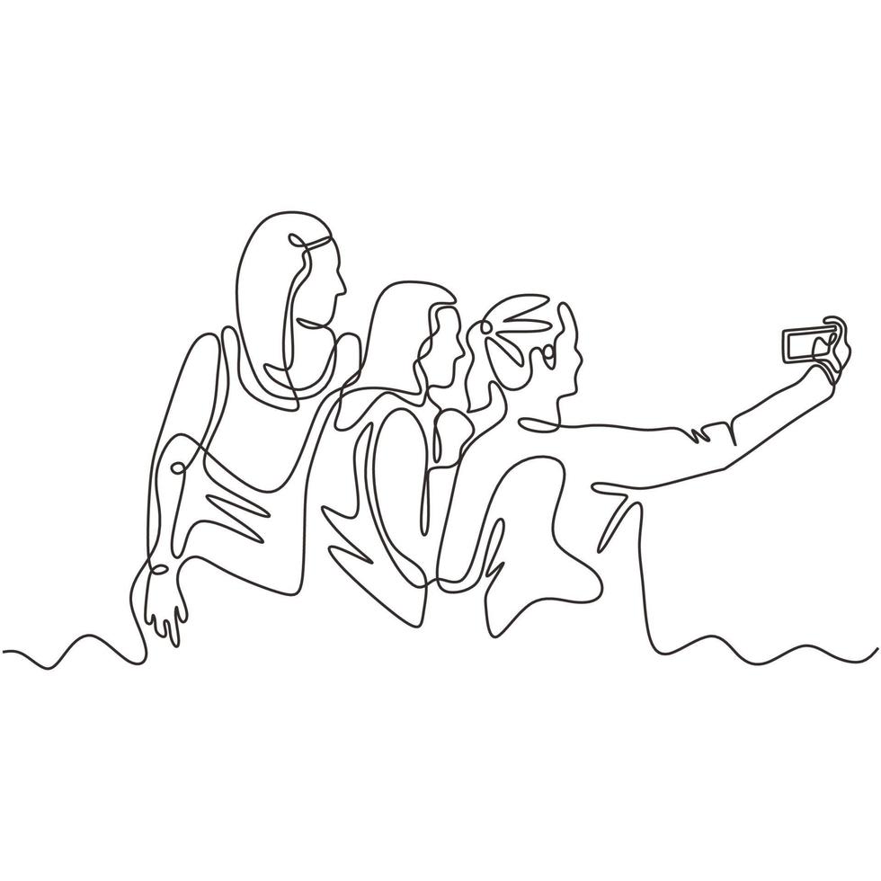 Continuous one line drawing of group people selfie. vector