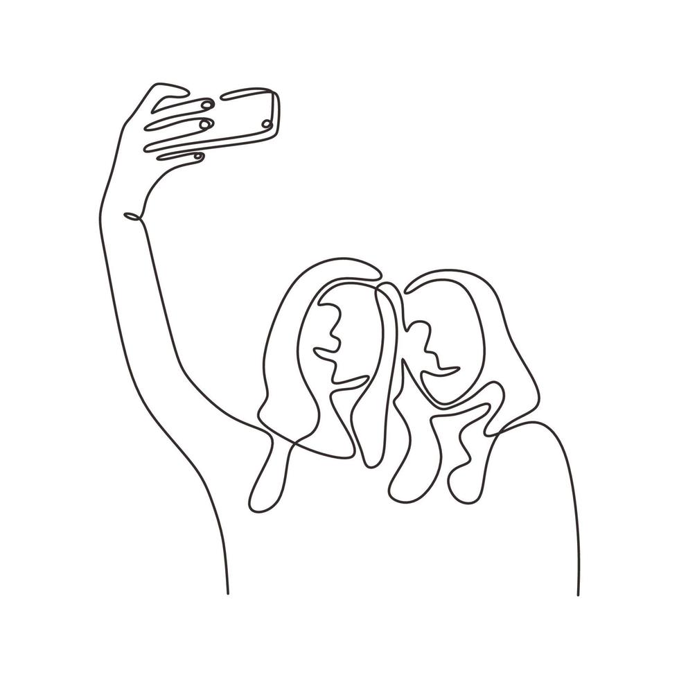 dibujo continuo de una línea de dos niñas tomando una fotografía con un teléfono inteligente. vector