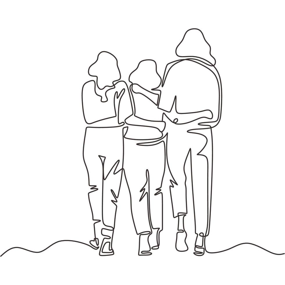 Continuous one line drawing of three girls walking. vector