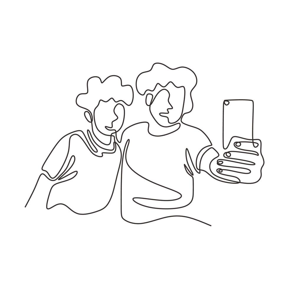 Continuous one line drawing of two funny people taking picture vector