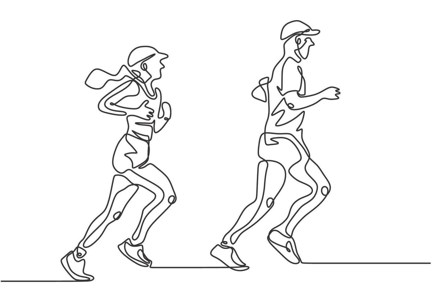 Continuous one line drawing of man and girl running. vector