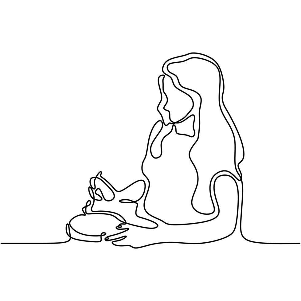 Continuous one line drawing of girl eating fast or junk food vector