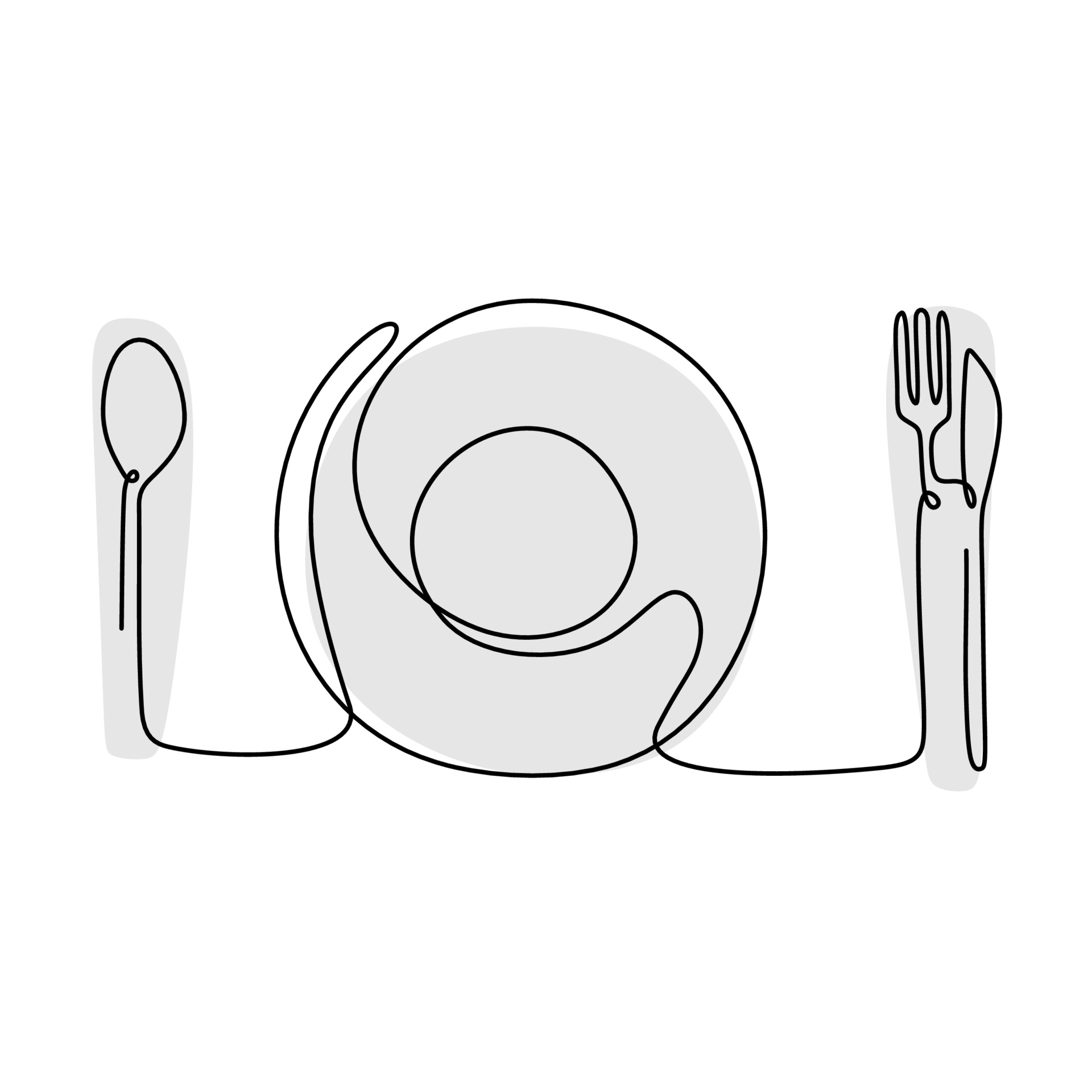 line drawing of plate, knife and fork. Continuous one hand drawn ...