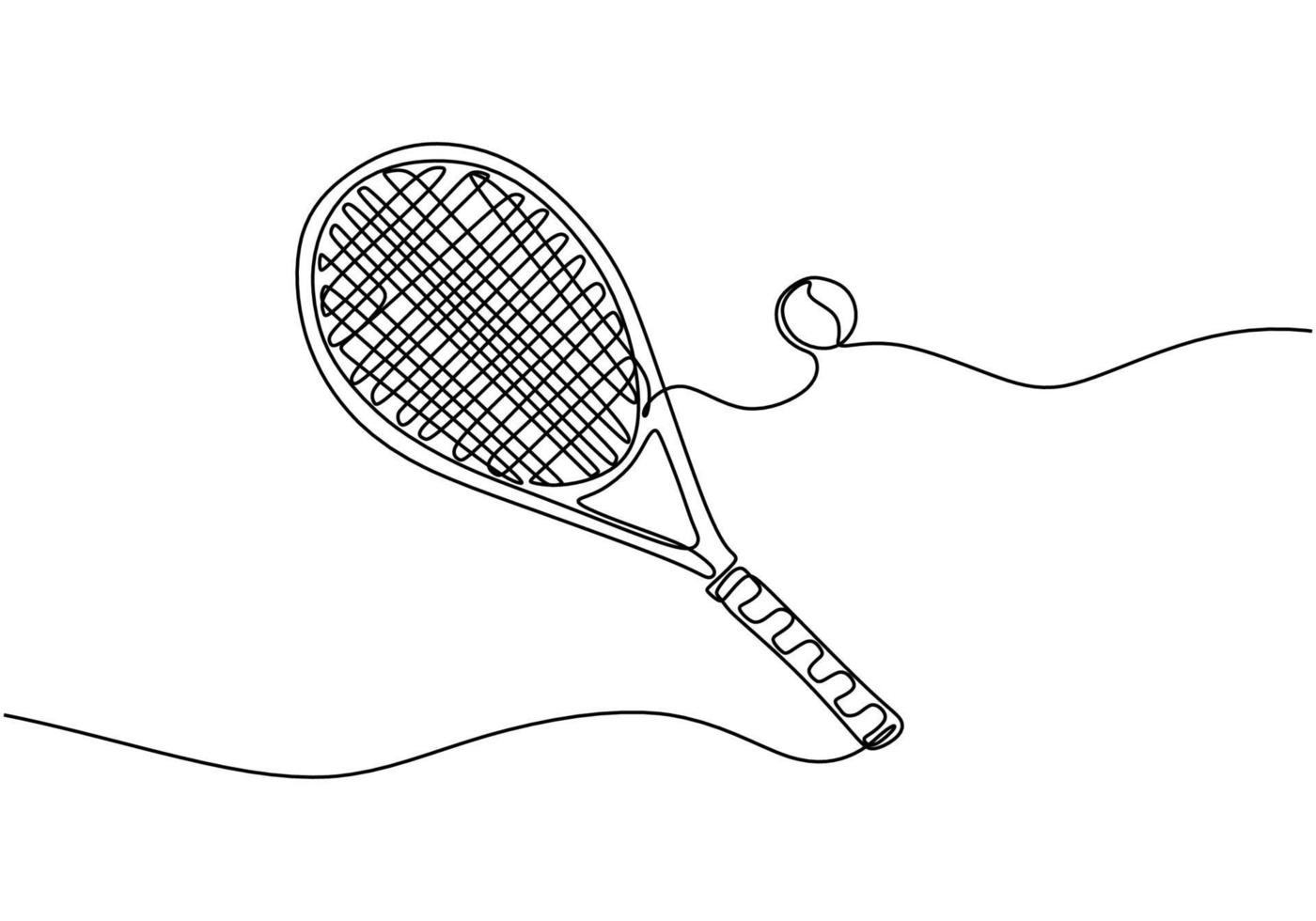 una línea continua de tema deportivo de tenis con raqueta y pelota. vector