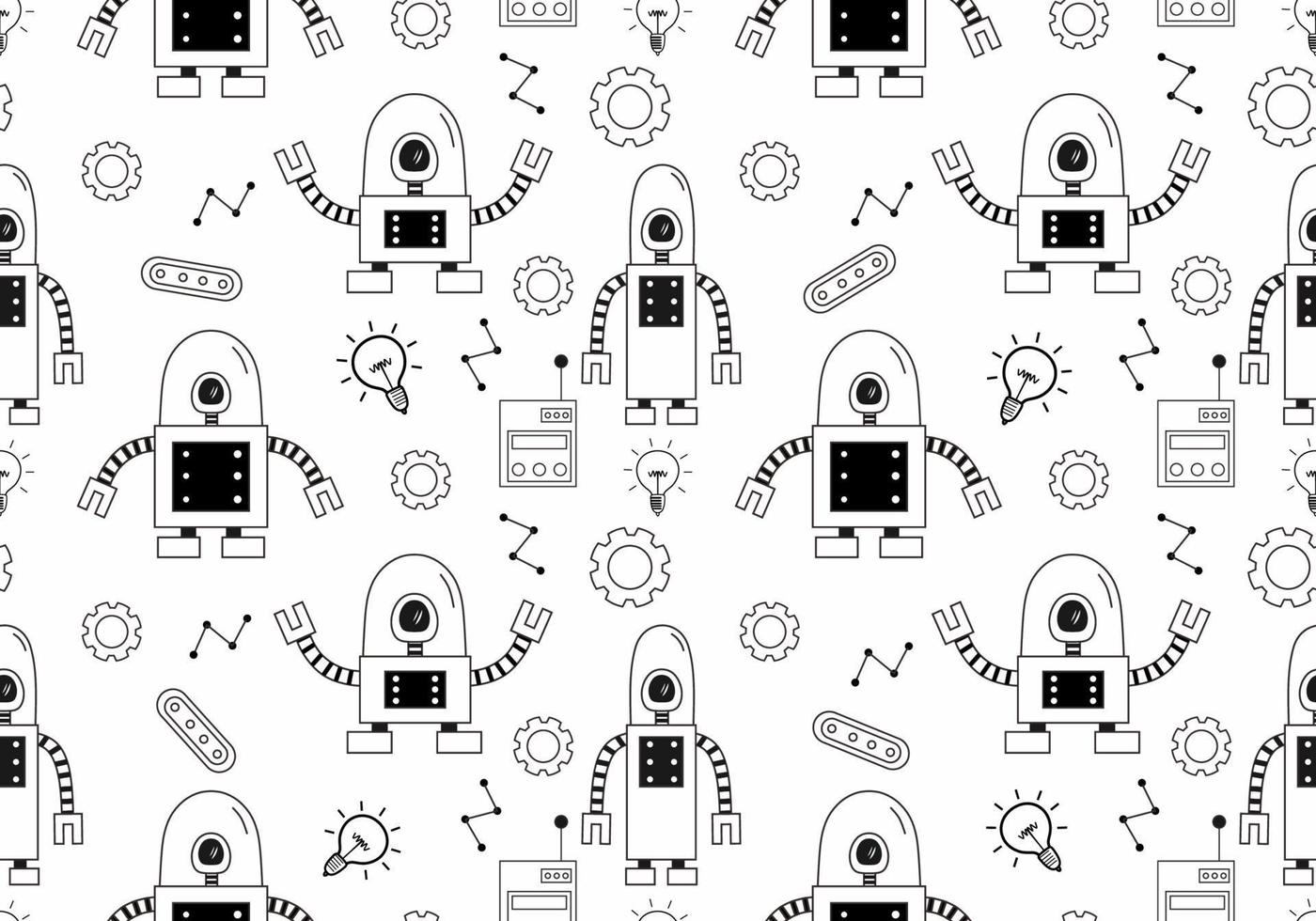 Robot seamless pattern with cute doodle drawing style. vector
