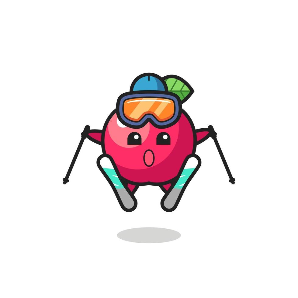 Personaje de mascota de Apple como jugador de esquí. vector