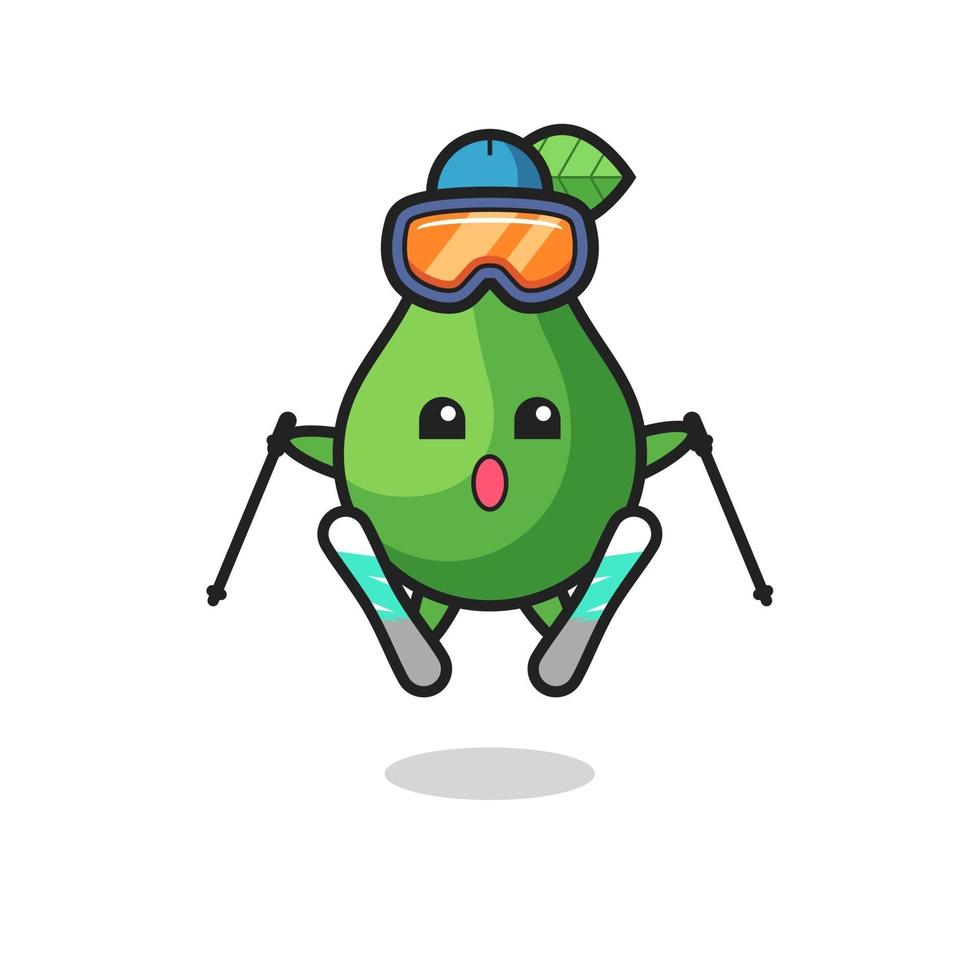 Personaje de mascota de aguacate como jugador de esquí. vector