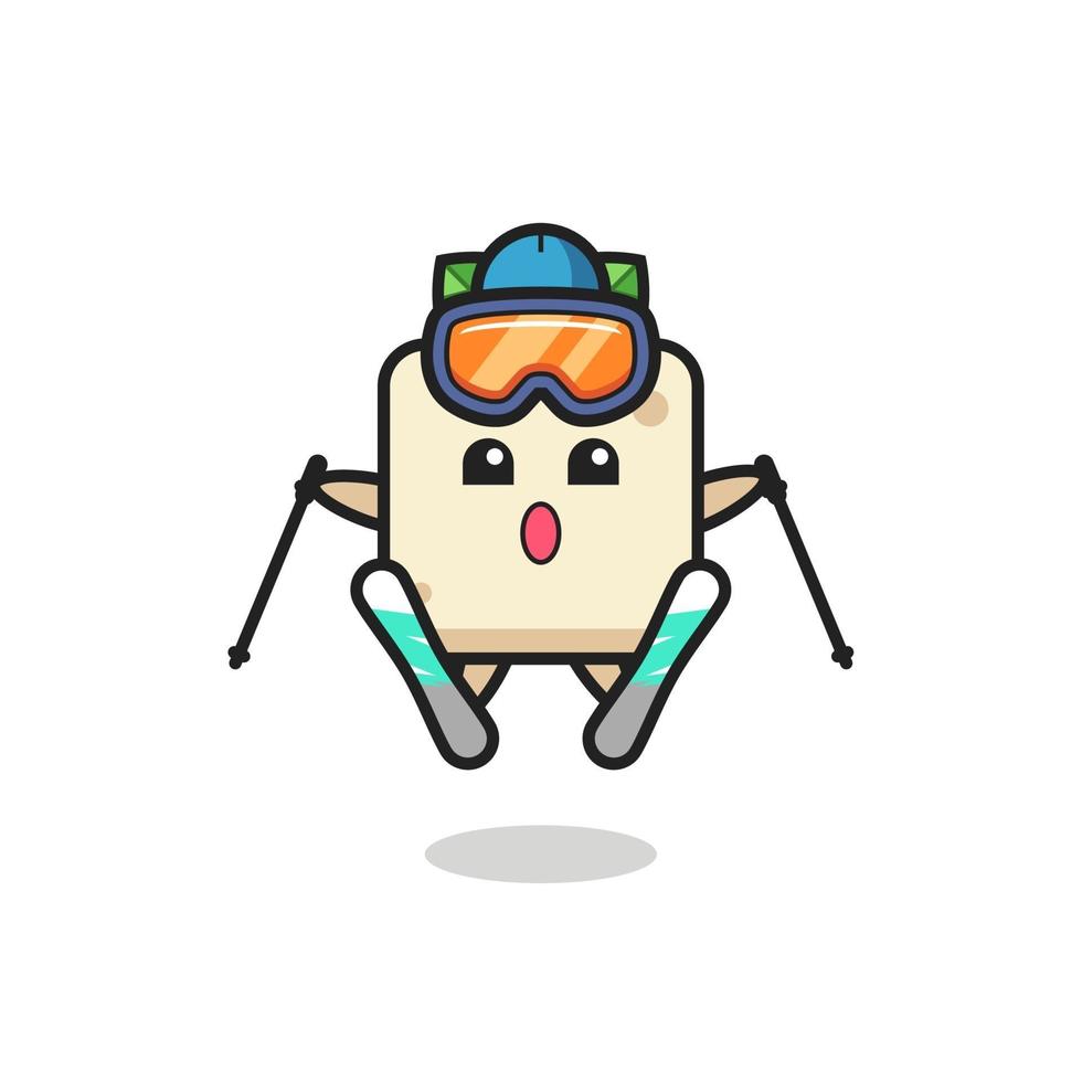 Personaje de mascota de tofu como jugador de esquí. vector