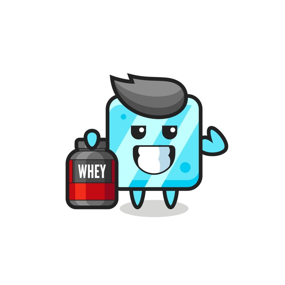 the muscular ice cube character is holding a protein supplement vector