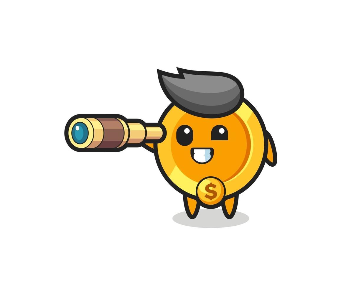 cute dollar currency coin character is holding an old telescope vector