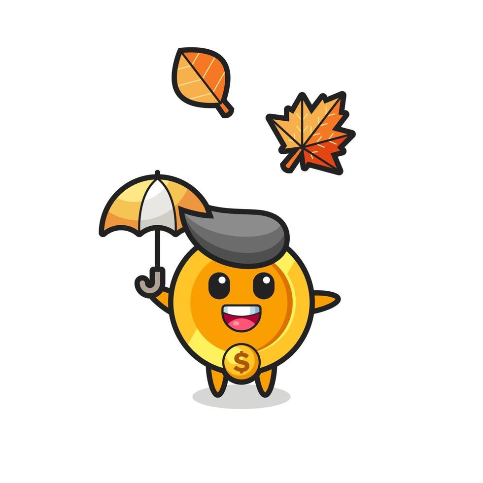 cartoon of the cute dollar currency coin holding an umbrella in autumn vector