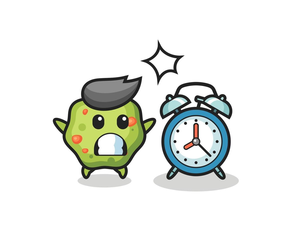 Cartoon Illustration of puke is surprised with a giant alarm clock vector