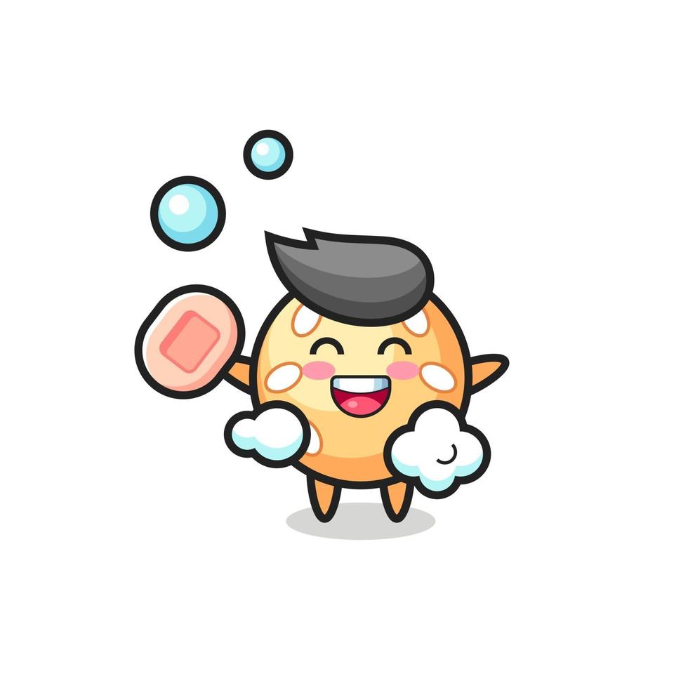 sesame ball character is bathing while holding soap vector