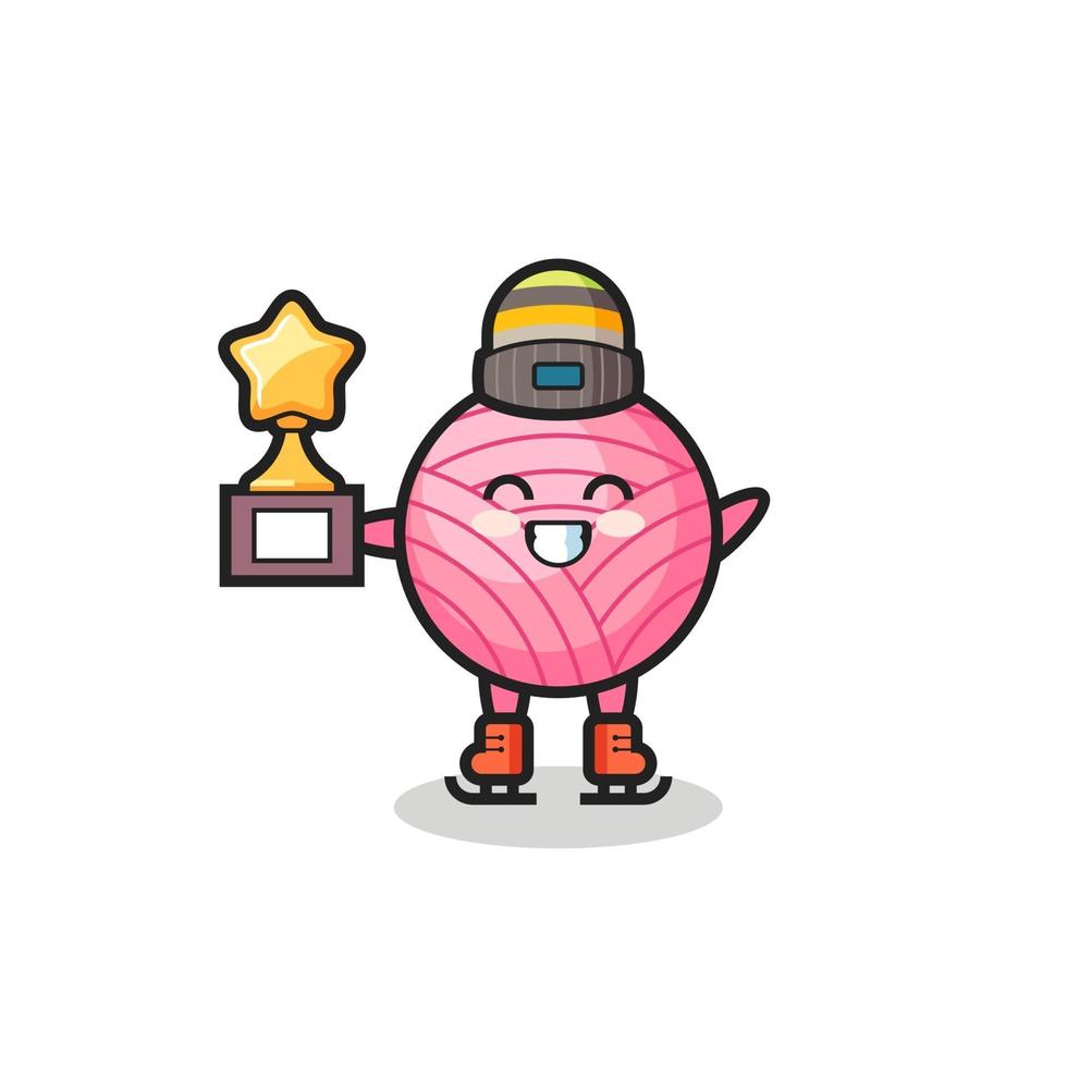 yarn ball cartoon as an ice skating player hold winner trophy vector