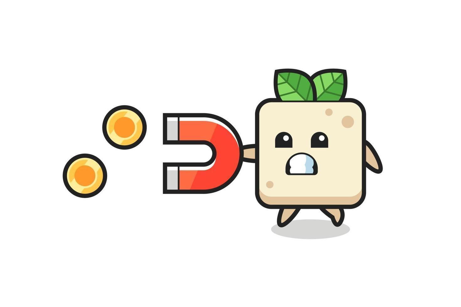 the character of tofu hold a magnet to catch the gold coins vector