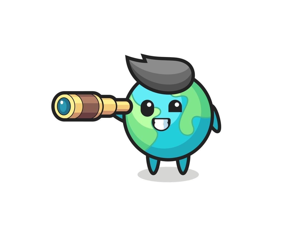 cute earth character is holding an old telescope vector