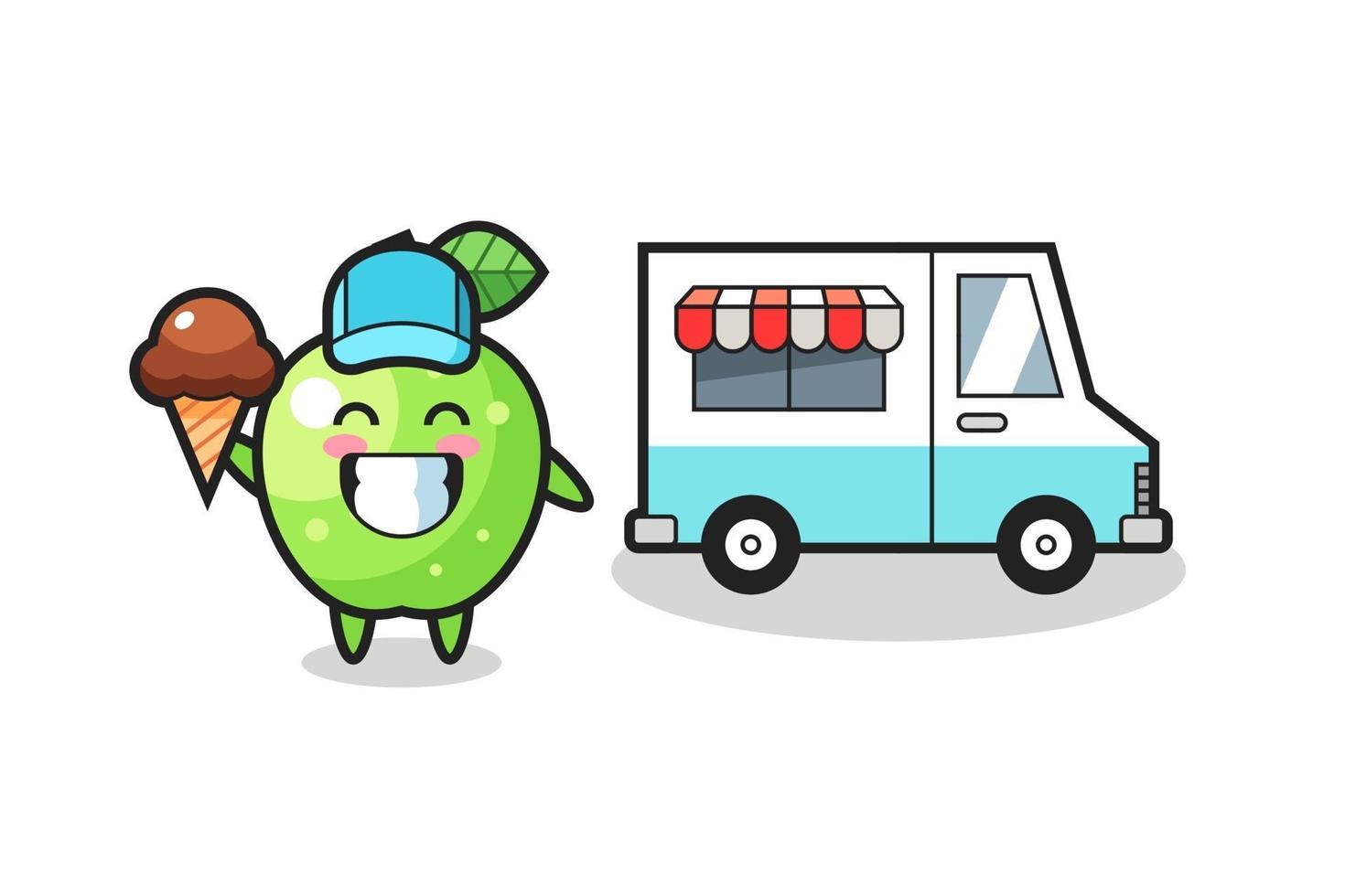 mascota, caricatura, de, manzana verde, con, helado, camión vector