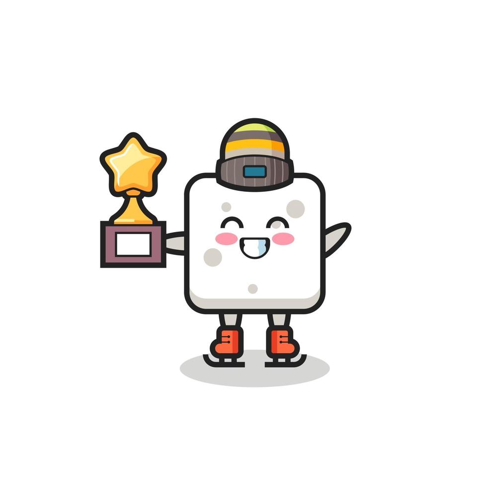 sugar cube cartoon as an ice skating player hold winner trophy vector