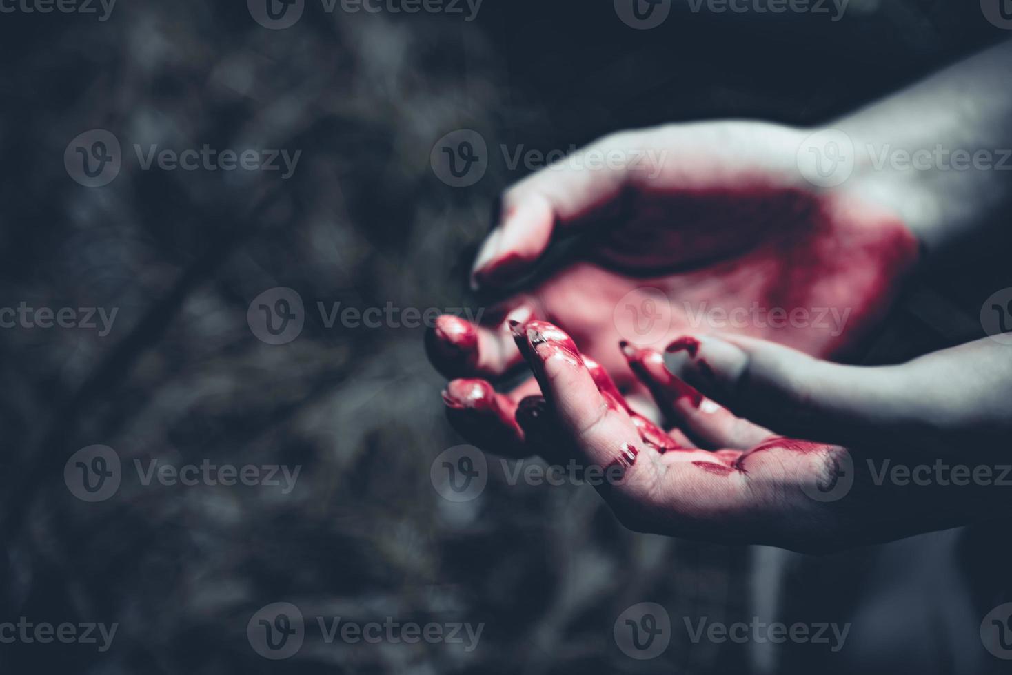 Close up of bloody hands in dark forest background photo
