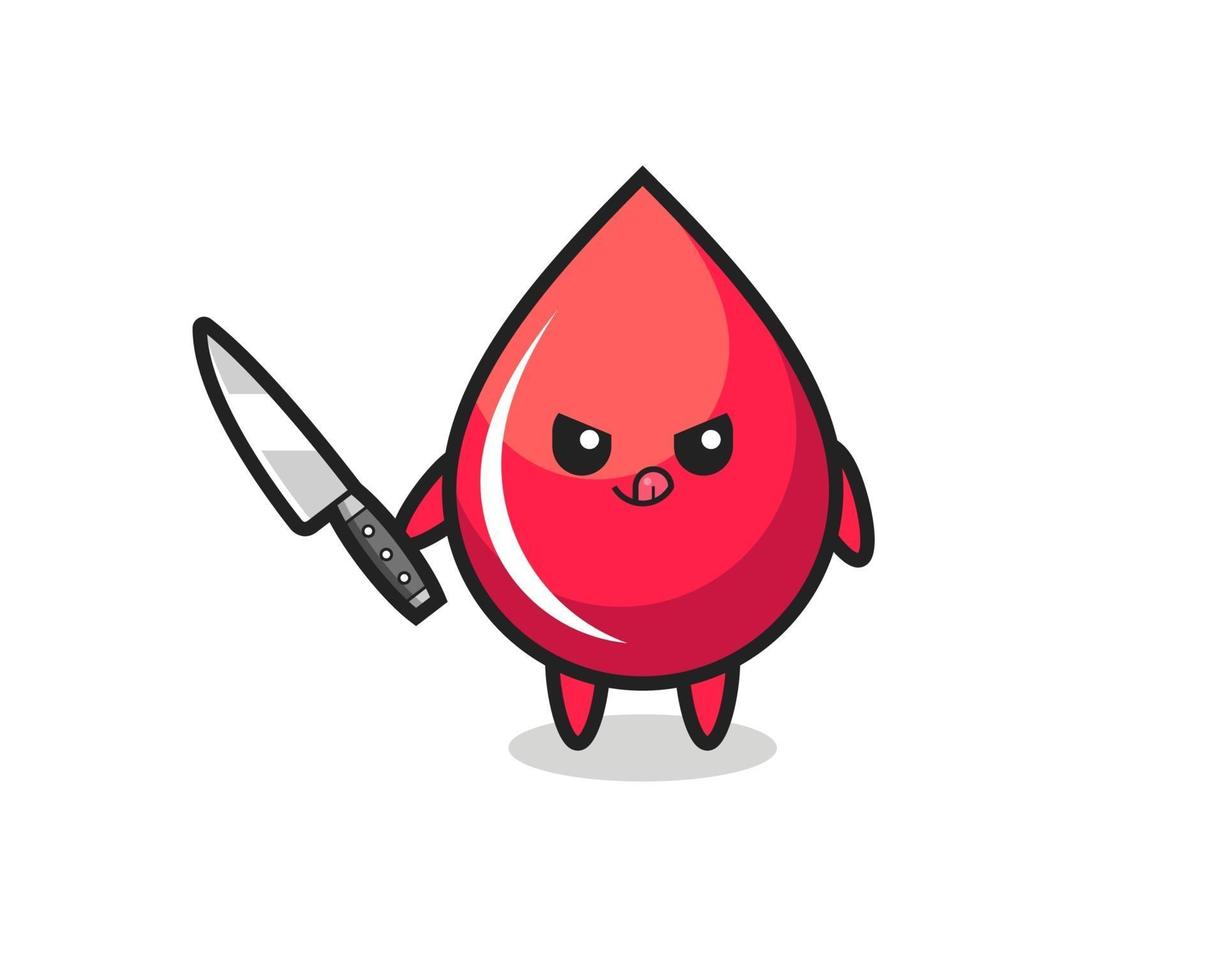 cute blood drop mascot as a psychopath holding a knife vector