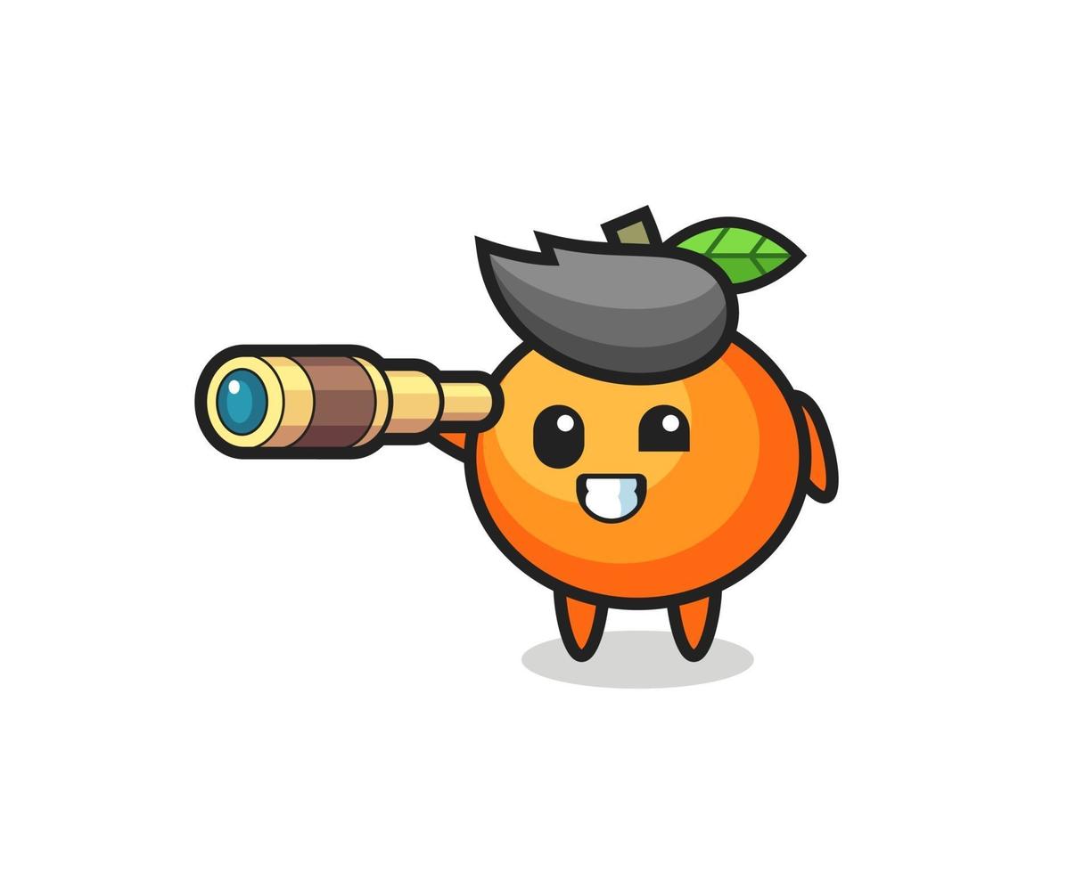 lindo personaje de mandarina sosteniendo un viejo telescopio vector