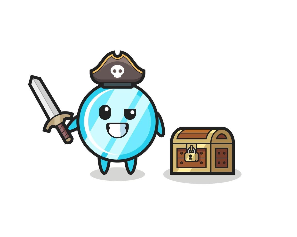 el personaje del pirata espejo sosteniendo la espada al lado de un cofre del tesoro vector