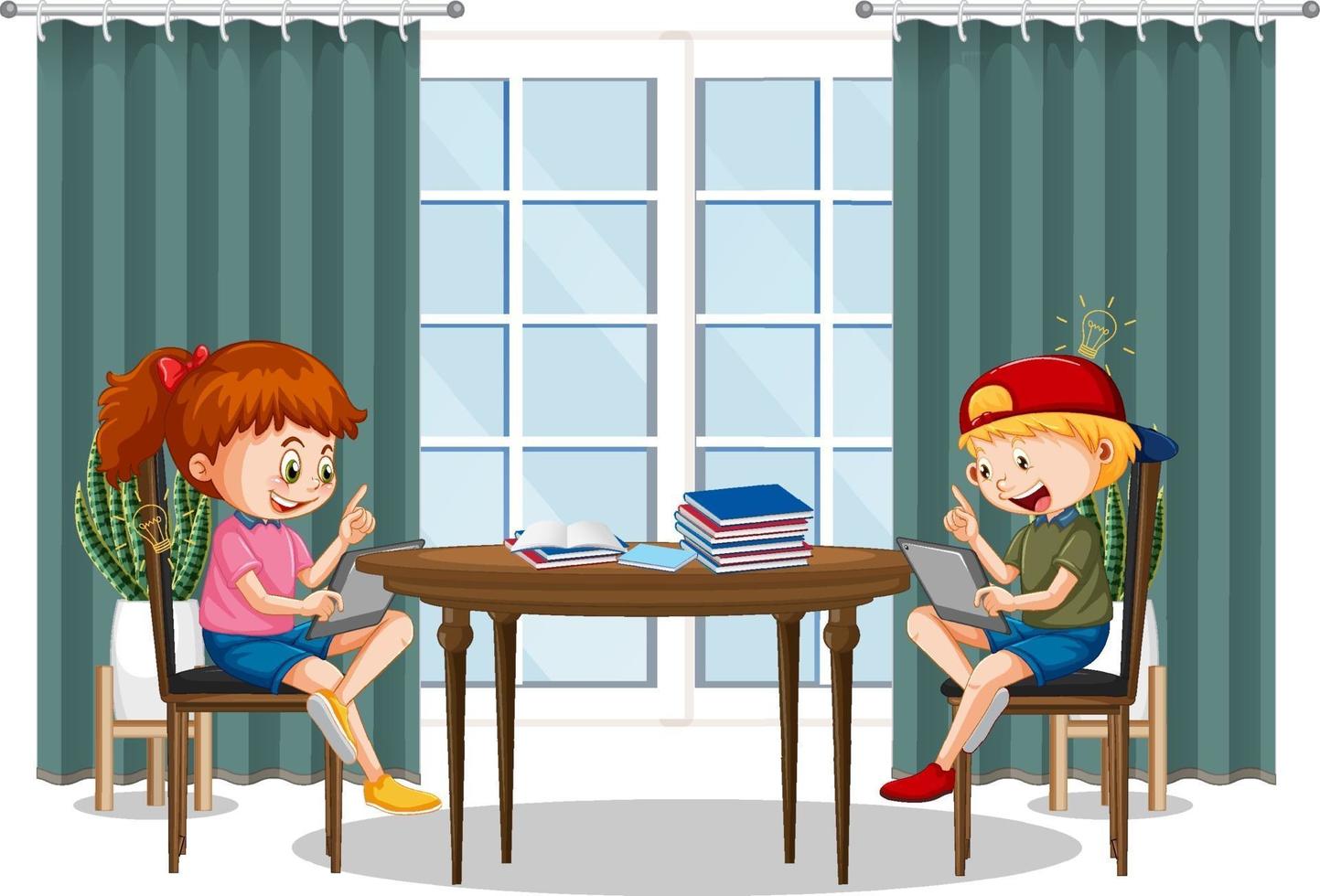 Children learning from home on electronic device vector