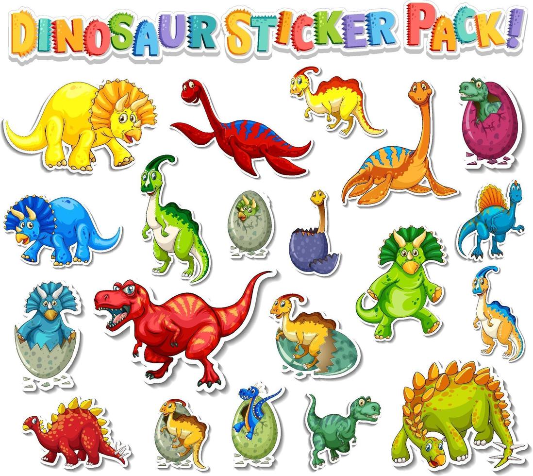 Sticker set with different types of dinosaurs cartoon characters vector