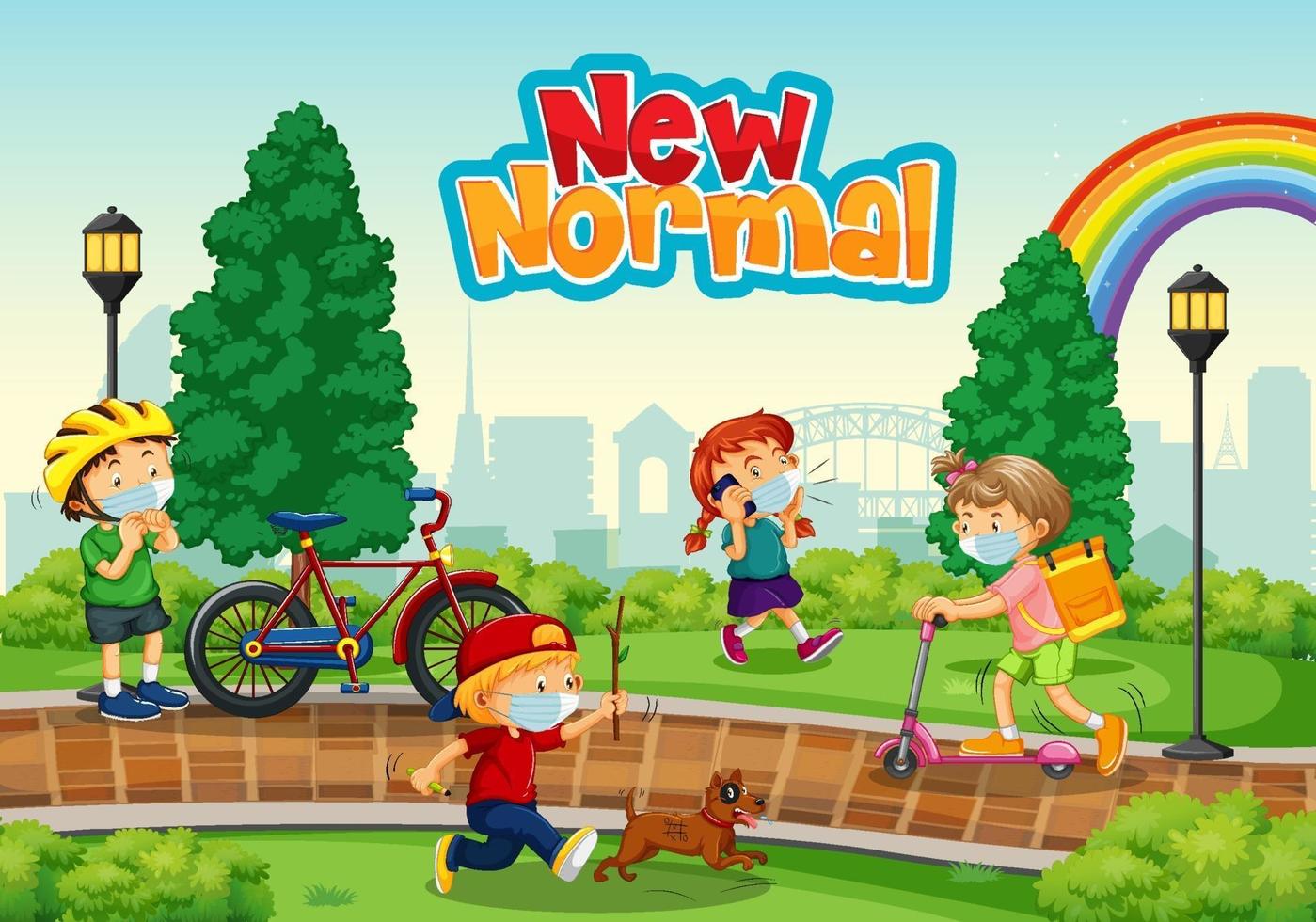 New Normal with children wearing mask at the park vector