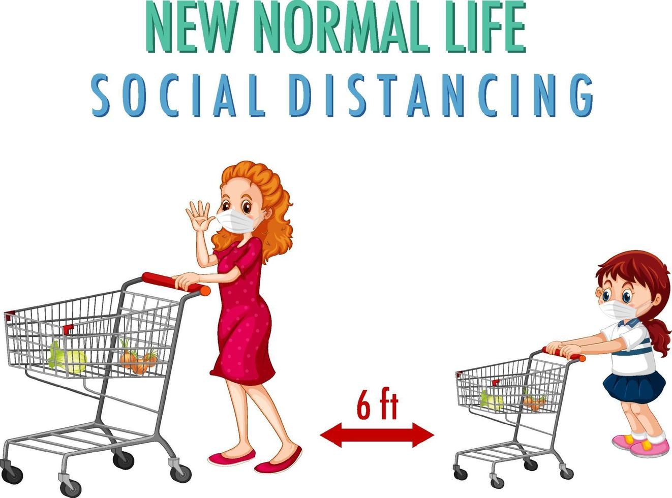 New Normal Life with a woman and a girl push shopping cart vector