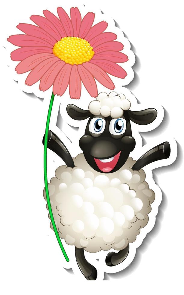 Sticker with cartoon character of a sheep holding a flower isolated vector