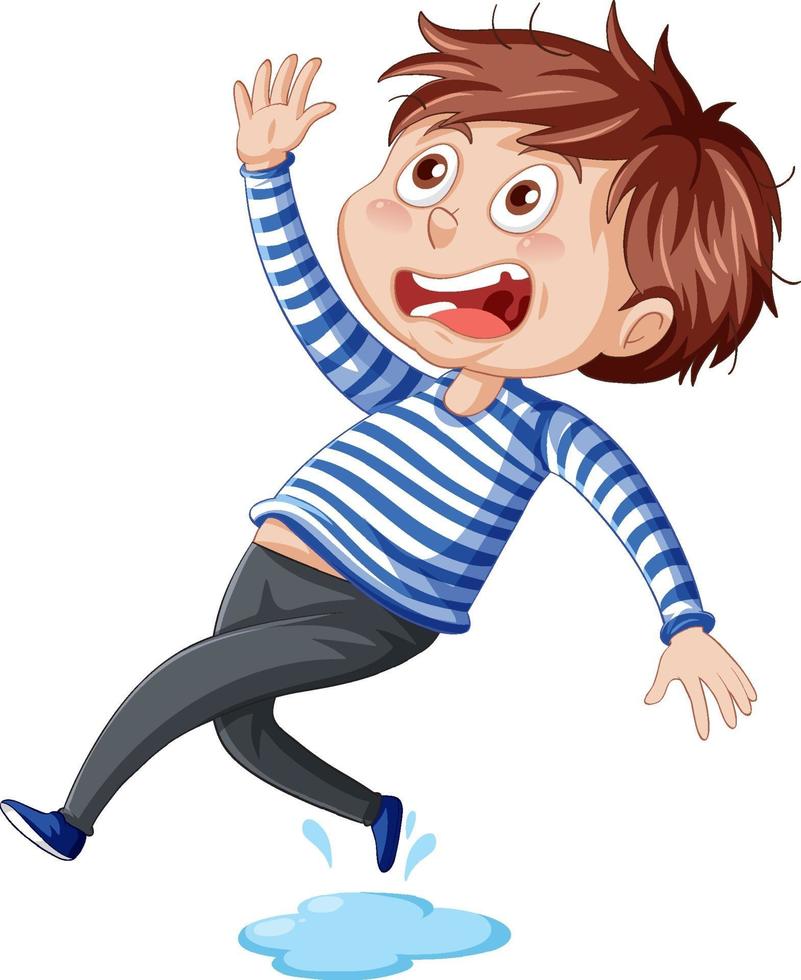 Boy slipping on wet floor on white background vector