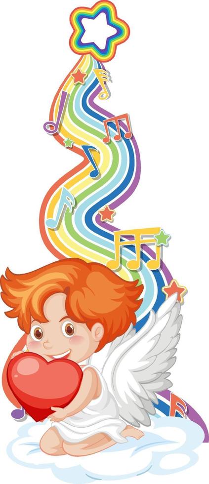 niño cupido con símbolos de melodía en la onda del arco iris vector