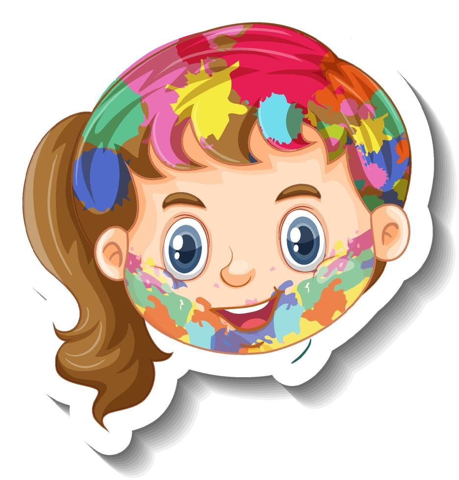 Cara de niña feliz con color en su cara pegatina sobre fondo blanco. vector