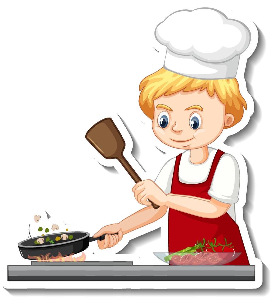 Sticker design with chef boy cooking food cartoon character vector