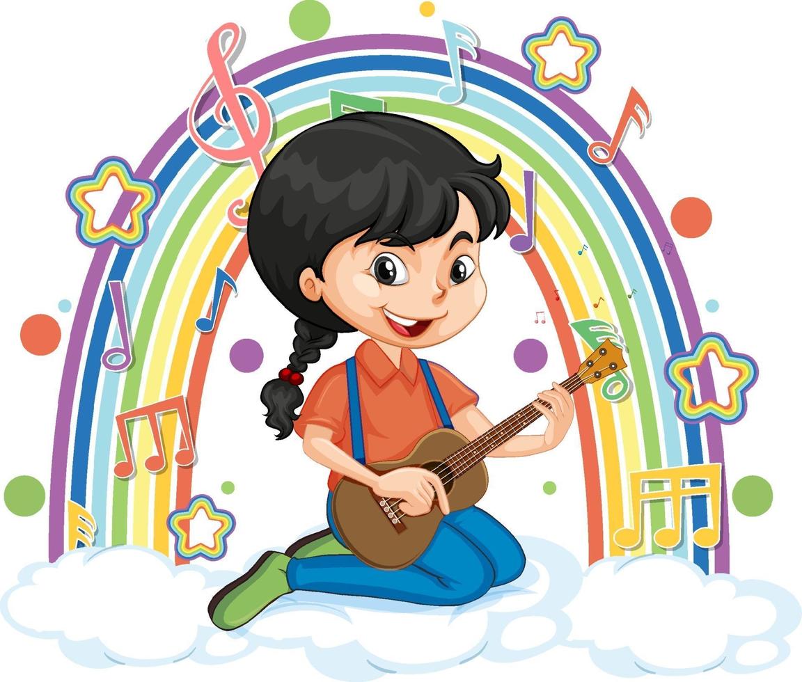 Girl playing guitar on the cloud with rainbow vector