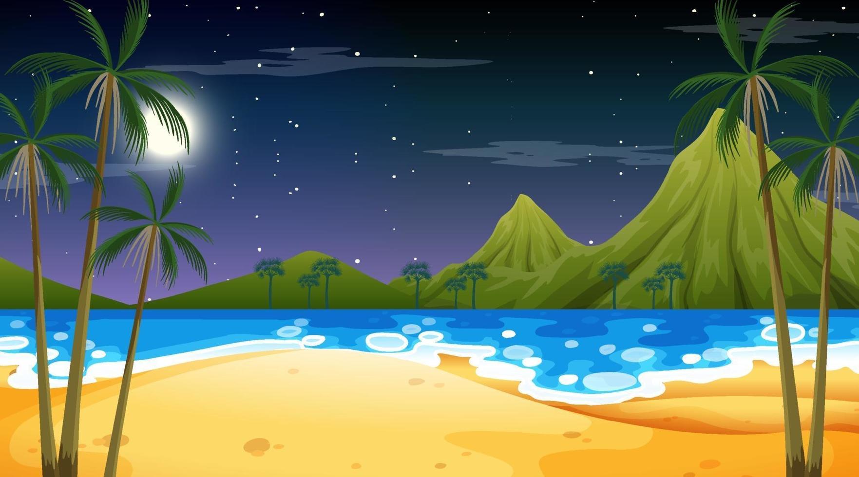 Escena de playa tropical con fondo de montaña en la noche vector