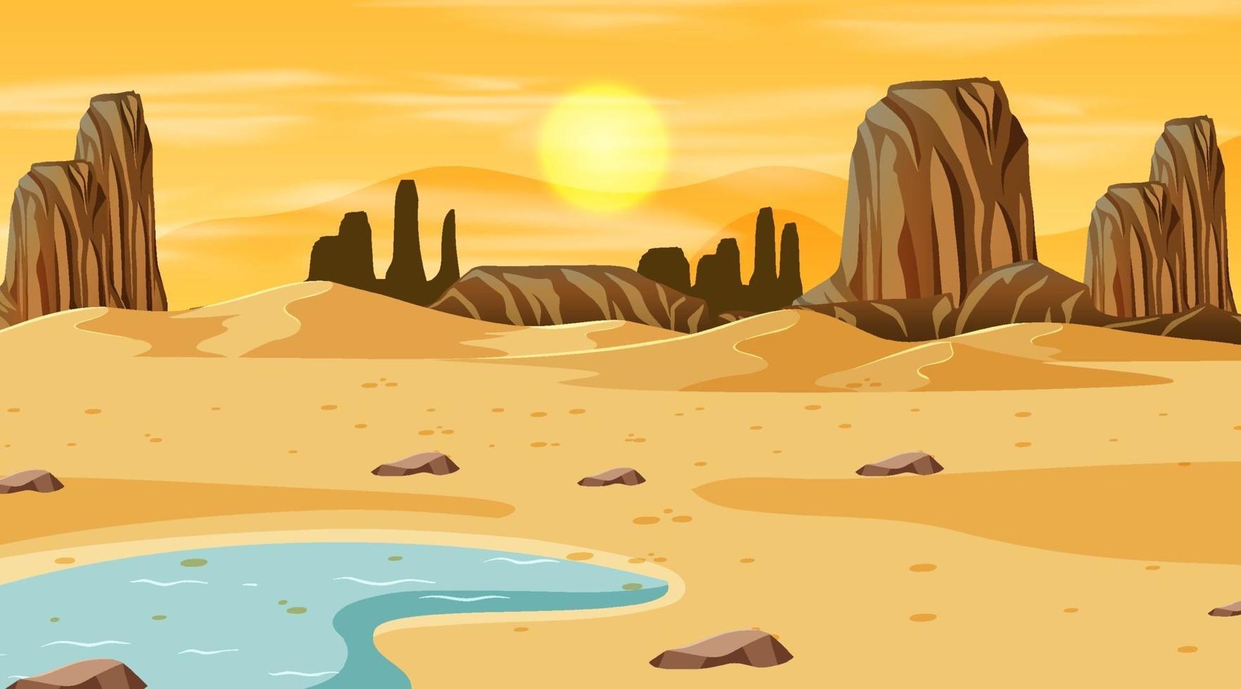 paisaje de bosque desértico en la escena del atardecer con oasis vector