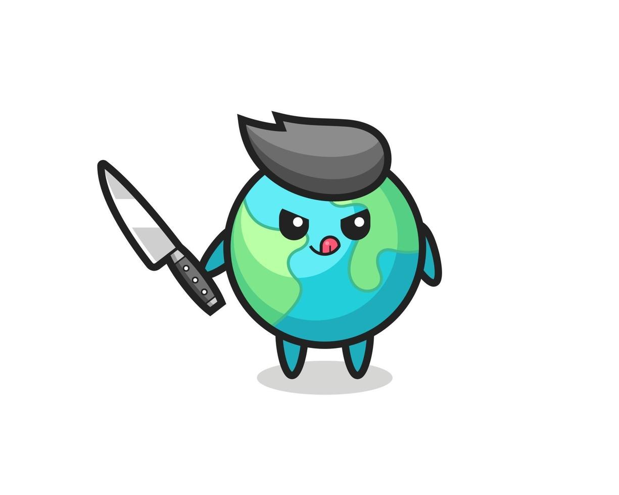 cute earth mascot as a psychopath holding a knife vector