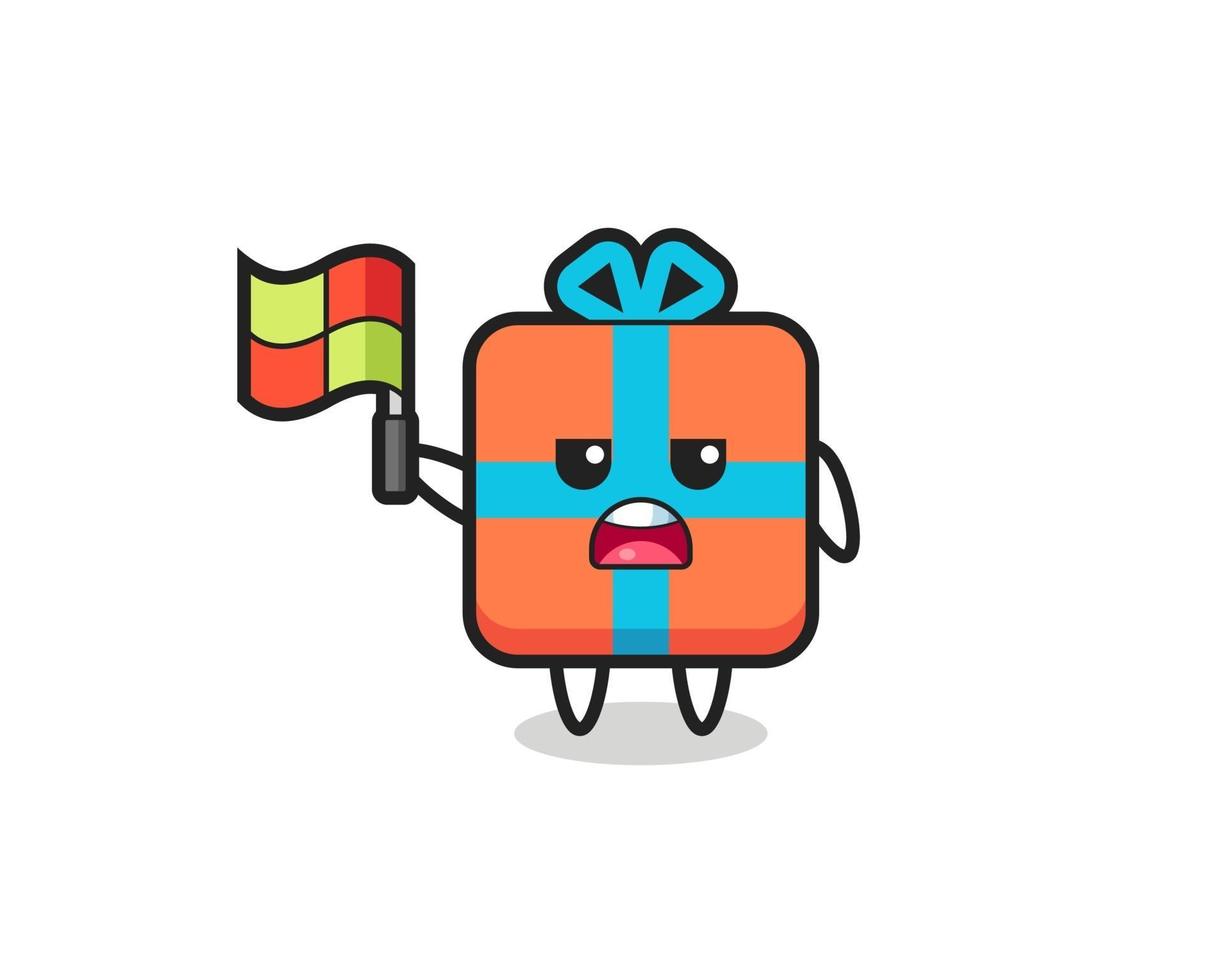 gift box character as line judge putting the flag up vector