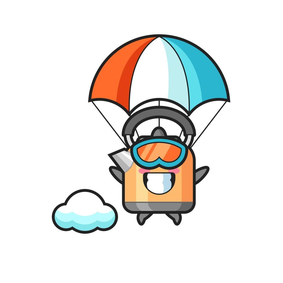 kettle mascot cartoon is skydiving with happy gesture vector