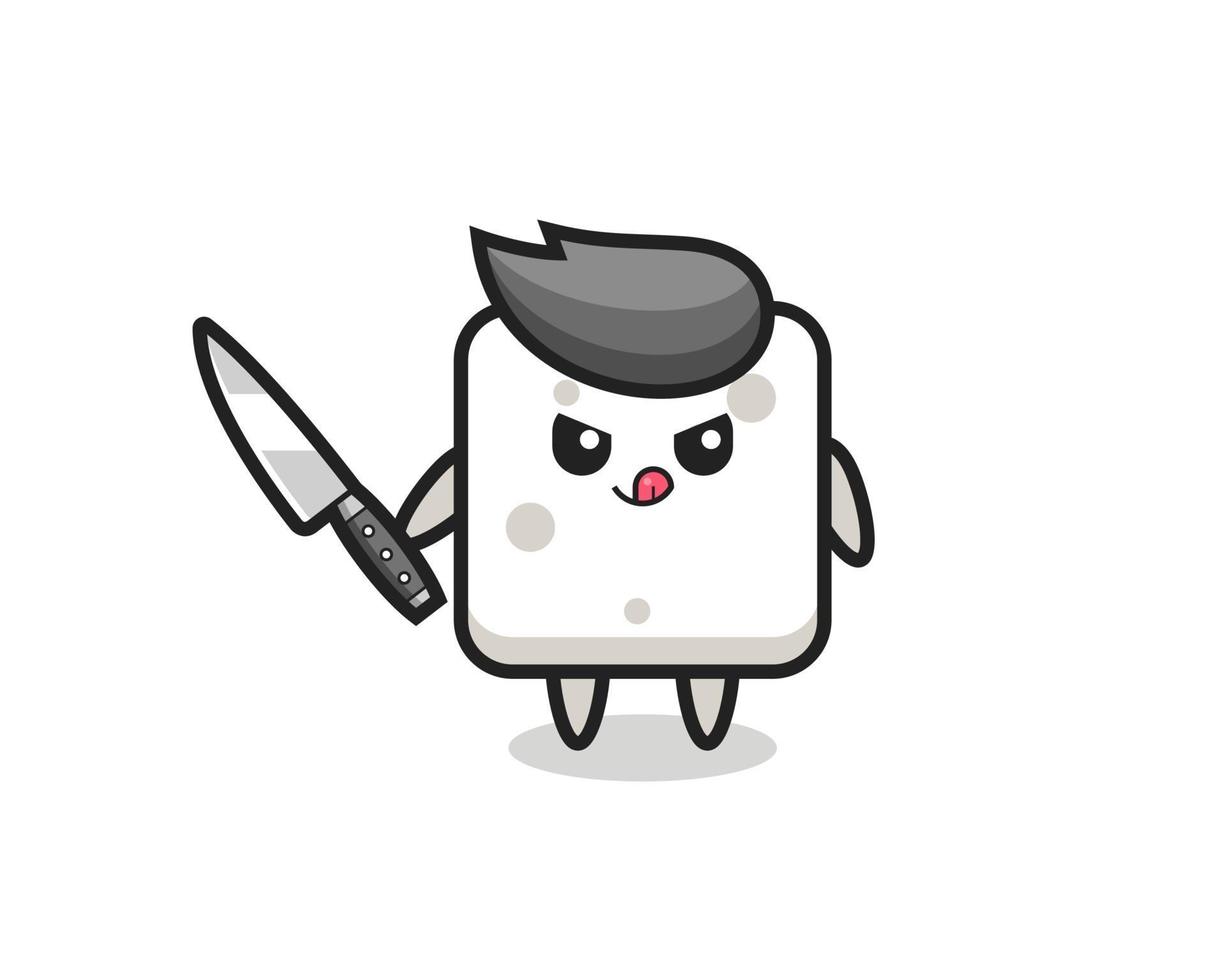 cute sugar cube mascot as a psychopath holding a knife vector